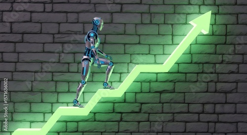 A robot climbs stairs with an arrow on a brick wall