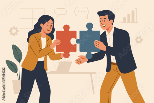 Business teamwork collaboration concept. Office colleagues connecting puzzle pieces. Partnership, coworker cooperation, problem solving, project success, communication, workplace synergy