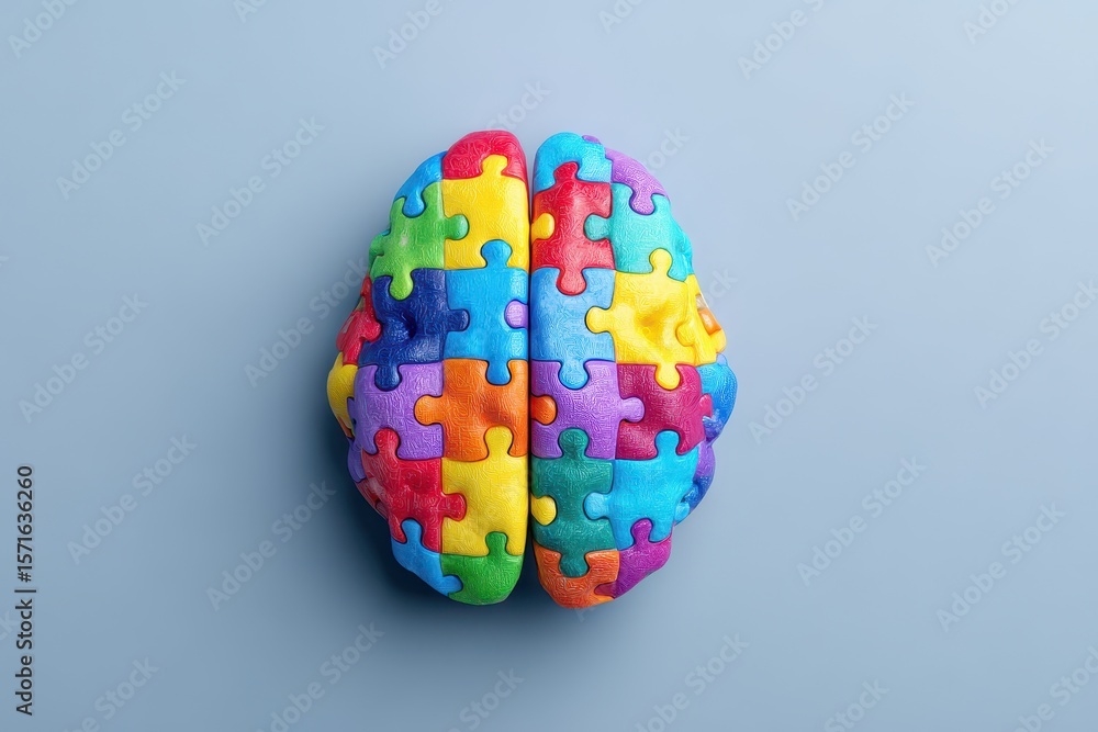 Colorful puzzle brain representing neurodiversity highlighting creativity, diversity, and unique thinking patterns in a vibrant design Colorful puzzle brain representing neurodiversity highlighting creativity, diversity, and unique thinking patterns in a vibrant design