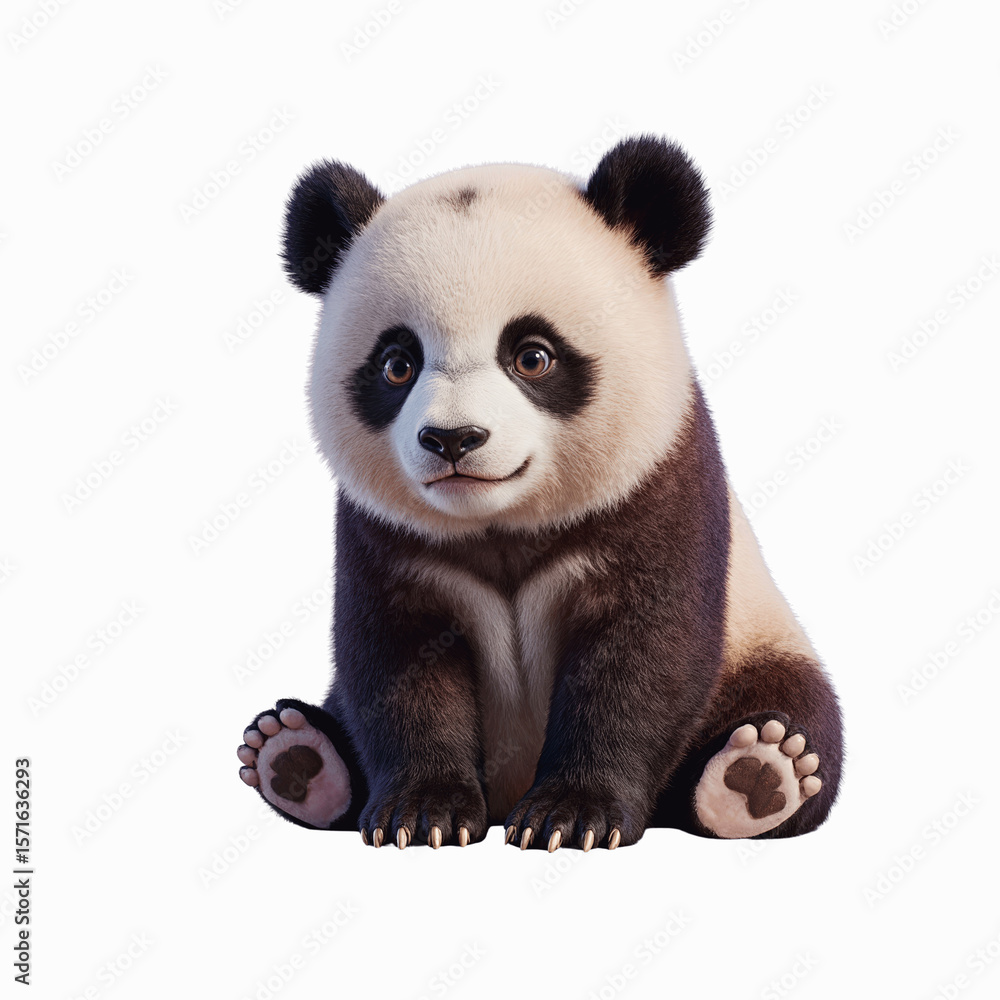 Fototapeta premium Adorable Panda in a Cozy Pose: A captivating and detailed studio shot showcases a single, adorable panda bear seated.