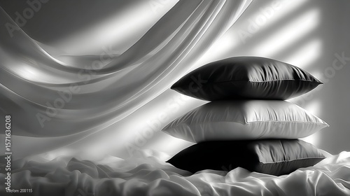 Stacked pillows, silk sheets, studio light, fabric backdrop, product photography