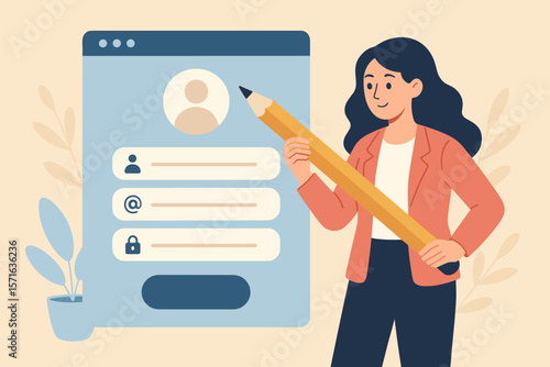 Online registration form submission, user account sign up, new job application, membership enrollment, self service, businesswoman holding pencil, digital profile concept