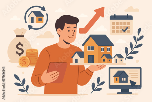 Real estate investment property management concept. Buying, selling, owning houses for profit. Cash flow, appreciation, tax benefits, online realty, financial growth, market trends