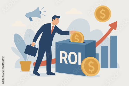 ROI return on investment business performance measure, profit efficiency, marketing campaign success, businessman investing money, financial growth, cost analysis concept