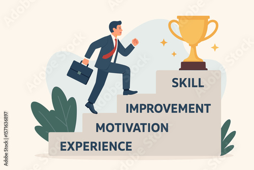 Businessman Climbing Career Success Ladder Steps, Skill Development, Motivation, Improvement, Experience, Leadership, Achievement, Job Growth, Professional Progress Concept