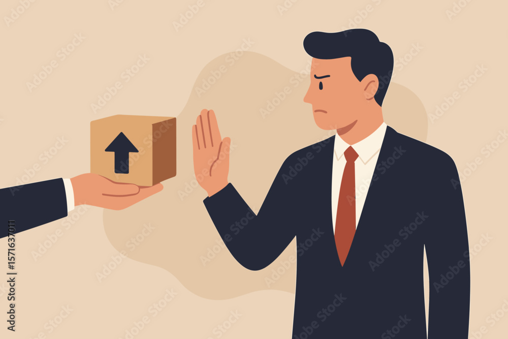 Businessman Refusing Change Concept. Status Quo Bias, Fear of Change, Comfort Zone, Conservative Thinking, Risk Aversion, Decision Resistance. Hand Gesture Denial Symbol Businessman Refusing Change Concept. Status Quo Bias, Fear of Change, Comfort Zone, Conservative Thinking, Risk Aversion, Decision Resistance. Hand Gesture Denial Symbol