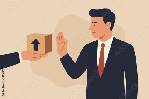 Businessman Refusing Change Concept. Status Quo Bias, Fear of Change, Comfort Zone, Conservative Thinking, Risk Aversion, Decision Resistance. Hand Gesture Denial Symbol