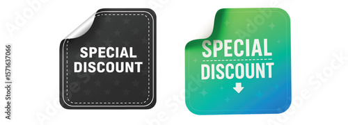 Special Discount Offer Stickers, Black with Stars and Green to Blue Gradient with Arrow, Rounded Square Shape with Folded Corner