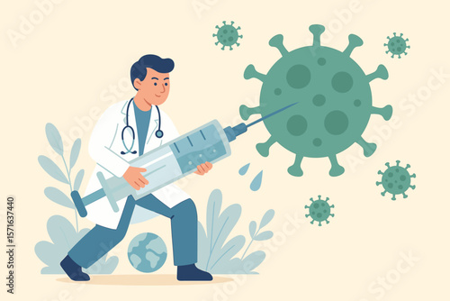 Doctor fighting coronavirus pandemic with giant vaccine syringe. Medical hero combating covid-19 virus. Immunization, vaccination, healthcare, disease prevention concept illustration.
