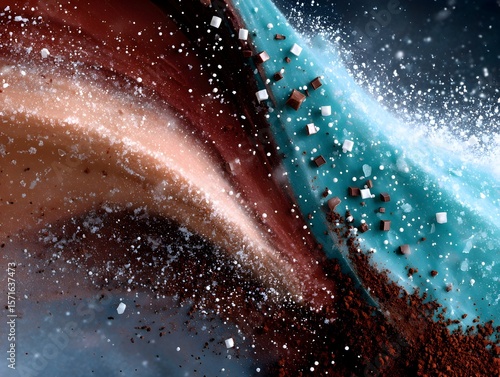 Swirling dessert explosion, studio shot, cocoa powder background, food advertising