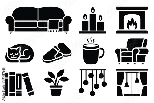 Minimalist cozy home and relaxation icon set

