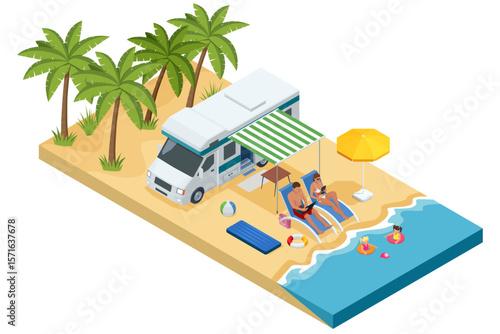 Isometric Tropical island with a camper trailer, palm trees, deck chairs, beach ball, lifebuoy, and orange flag. Family on vacation in summer on the beach, children swimming. Summer vacation