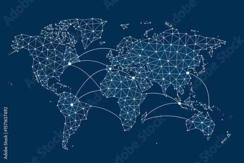 Global network connections world map. Polygonal mesh lines and points. Digital communication, internet, data exchange, technology, international business, connectivity concept vector