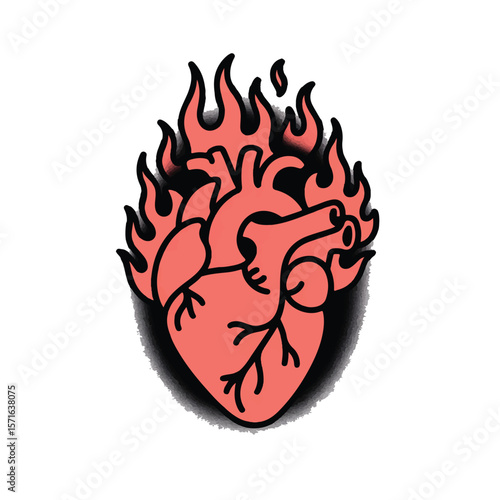 A detailed anatomical heart consumed by fiery flames, a captivating blend of medical precision and fiery passion