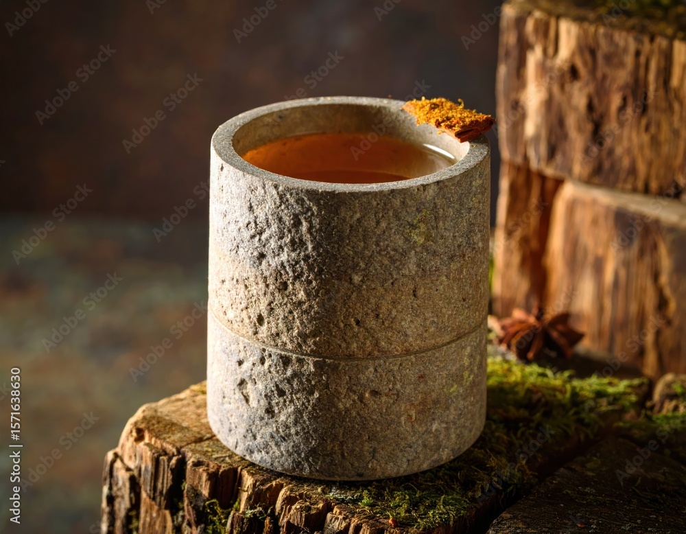 A light amber drink in a textured, stone-like glass, garnished with a spice A light amber drink in a textured, stone-like glass, garnished with a spice