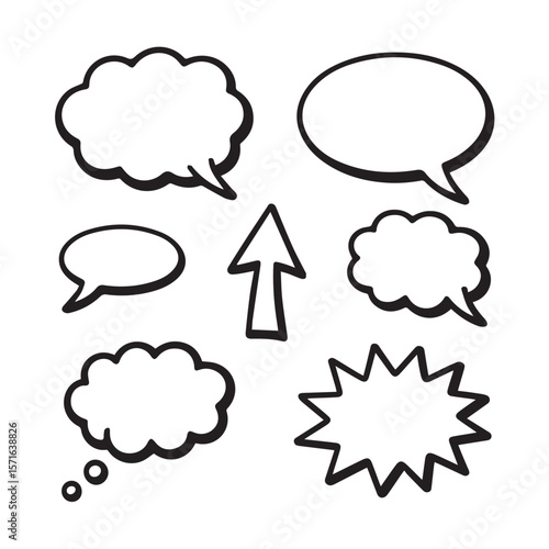 Handdrawn speech bubbles and a single arrow, perfect for adding text to your comic book or graphic design projects