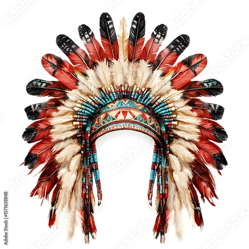 Watercolor Native American Headdresses – Tribal Feather Warbonnets with Beads and Ornaments