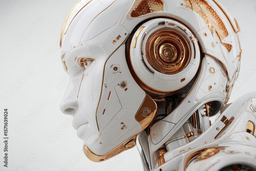 Fototapeta premium Visualization of advanced artificial intelligence technology showcasing an intricate robotic head with metallic features and a sleek design, highlighting the fusion of aesthetics and innovation