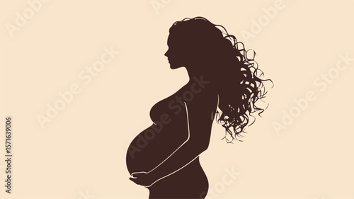Elegant Curly Haired Pregnant Woman Silhouette Vector Illustration
