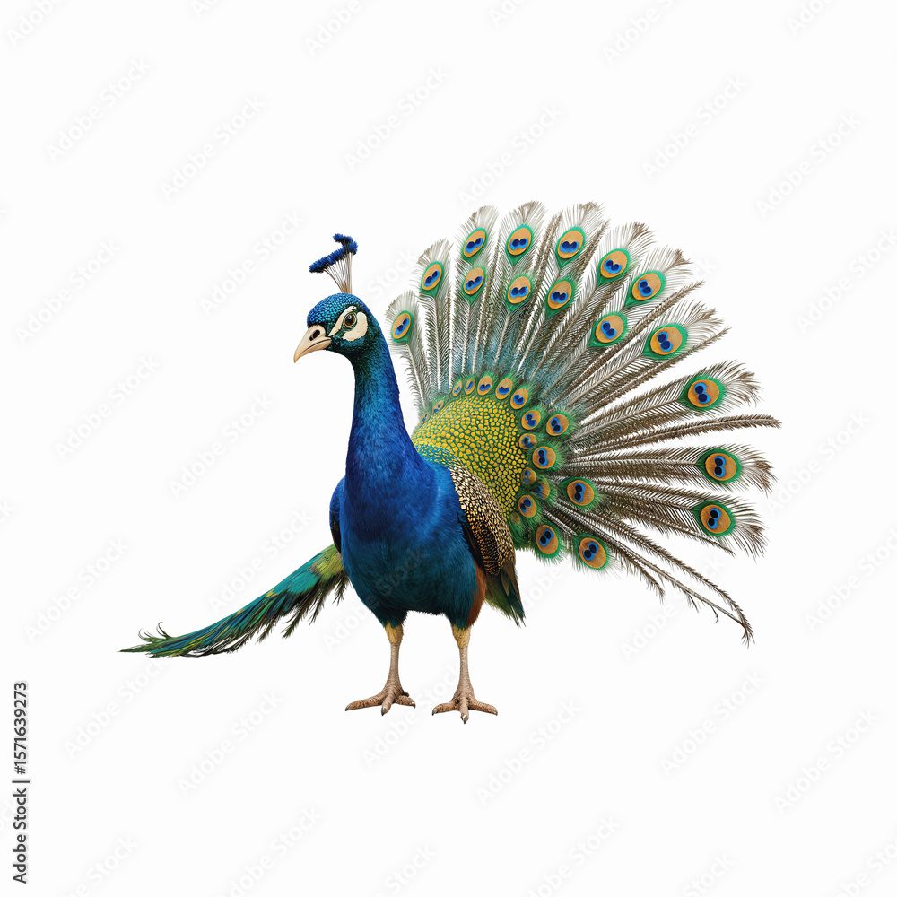 Fototapeta premium Majestic Peacock: A vibrant peacock displaying its iridescent plumage in a captivating display of beauty and grace. Capturing the essence of nature's artistry.