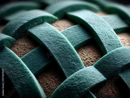Teal woven sphere texture, close-up, dark background, product design