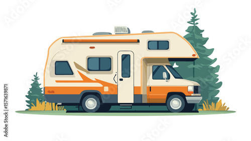 Modern Recreational Vehicle Camping Flat Vector Illustration