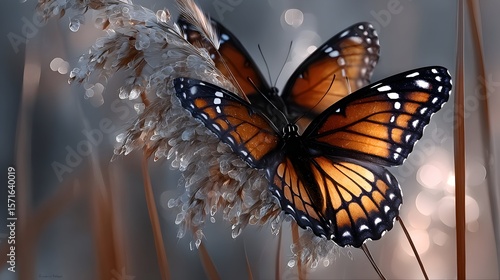 Two butterflies resting on reeds, bokeh background, nature wallpaper