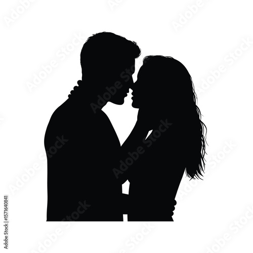 Romantic couple silhouette passionate kiss love embrace relationship dating romance affection intimacy black and white illustration