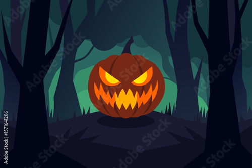 Evil Glowing Pumpkin in a Dark Forest