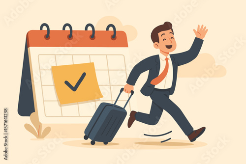 Annual leave concept. Happy businessman running with luggage for vacation. Employee taking day off to rest and relax. Time for holiday, work life balance and freedom.