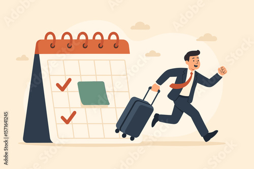 Annual leave concept with a happy businessman running with luggage for vacation. Take a day off to rest and relax from hard work. Schedule reminder with calendar for holidays.