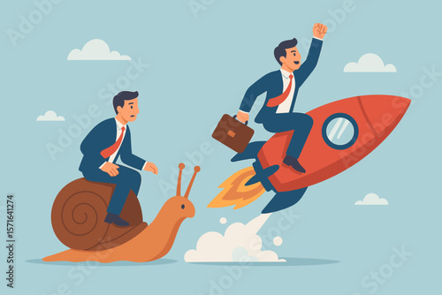 Businessman on rocket boosts past competitor on snail. Metaphor for business competition, competitive advantage, success, and innovation. Fast growth versus slow progress.