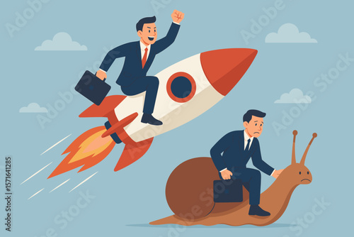 Business competition concept. Businessman on a rocket boosts past a competitor on a snail. Metaphor for speed, innovation, success, growth, and competitive advantage.