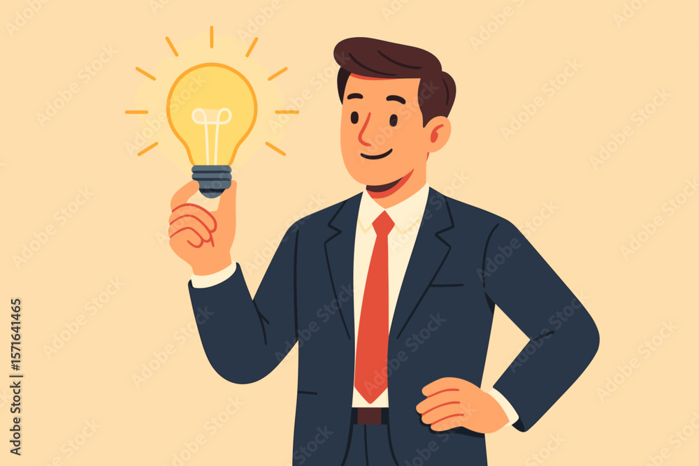 Businessman holding illuminated lightbulb. Concept for new idea, innovation, inspiration. Smart creativity, business solution, motivation, success, eureka moment vector. Businessman holding illuminated lightbulb. Concept for new idea, innovation, inspiration. Smart creativity, business solution, motivation, success, eureka moment vector.