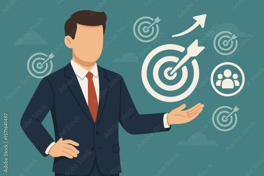 Businessman showing virtual target icons for business objective. Strategic planning for growth and success. Targeting customer group and achieving goals concept. Flat vector. Businessman showing virtual target icons for business objective. Strategic planning for growth and success. Targeting customer group and achieving goals concept. Flat vector.