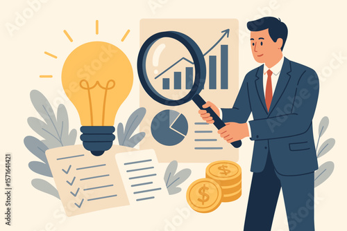 Business viability analysis and market research concept, evaluating profitable business ideas with data charts, magnifying glass, light bulb innovation, checklist, and coins for success
