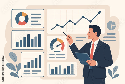 Businessman analyzing business data on dashboard. Enterprise data management, business analytics with charts, metrics, KPIs. Financial report, marketing, growth strategy.