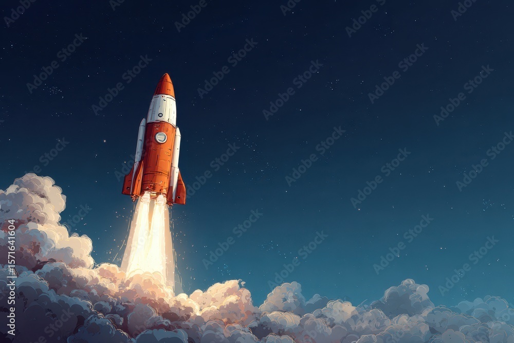Naklejka premium Rocket launches into the sky from a cloud-filled atmosphere, creating a stunning spectacle of light and motion against a starry backdrop at dusk