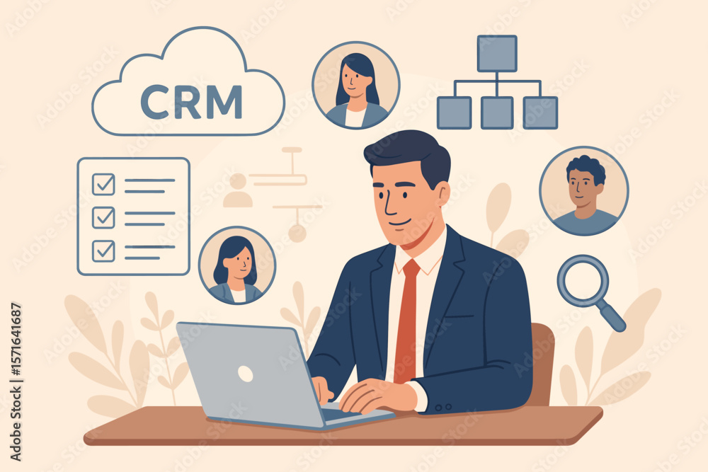 CRM concept. Businessman at laptop managing customer relationship system. Human resources, personnel recruitment, and organizational structure analysis with cloud technology. CRM concept. Businessman at laptop managing customer relationship system. Human resources, personnel recruitment, and organizational structure analysis with cloud technology.
