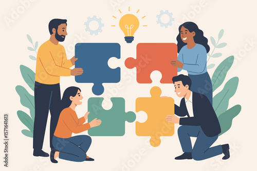 Teamwork and collaboration metaphor. Diverse business team connects jigsaw puzzle pieces. A concept for problem-solving, partnership, community help, creative ideas, and success.