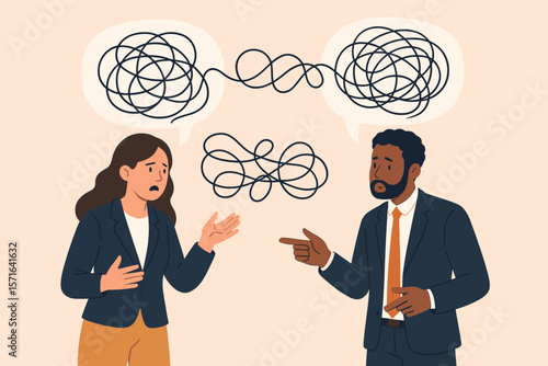 Communication problem or misunderstanding. Business colleagues in conflict, having a difficult conversation. Messy chaos in discussion. Tangled thoughts, argument concept.