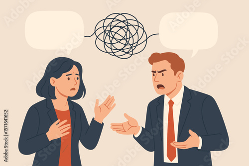Communication problem concept. Business people arguing. Conflict and misunderstanding between colleagues. Man and woman in a chaotic discussion with tangled thoughts. Vector.