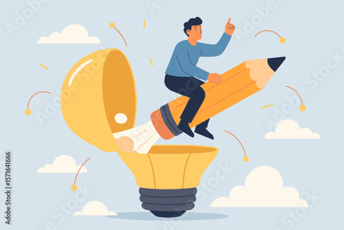 Boost creative thinking. Man riding pencil rocket launches from an open lightbulb. Concept for new ideas, imagination, invention, inspiration, education, genius and writing.