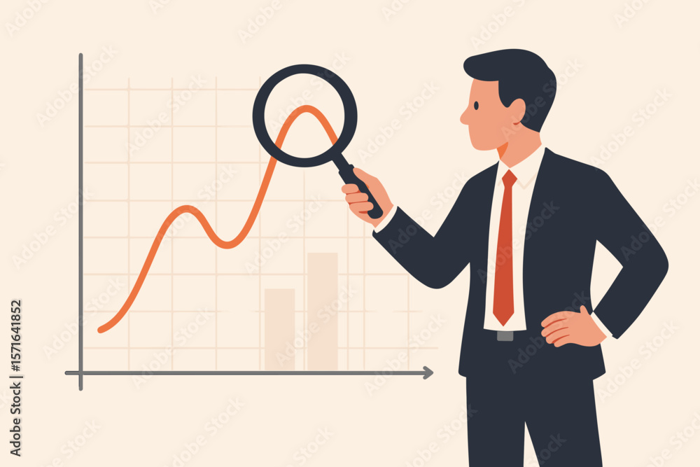 Economic cycle analysis. Businessman with magnifier studying stock market graph. Business up and down trend, recession, boom. Financial statistic and data analysis concept. Economic cycle analysis. Businessman with magnifier studying stock market graph. Business up and down trend, recession, boom. Financial statistic and data analysis concept.
