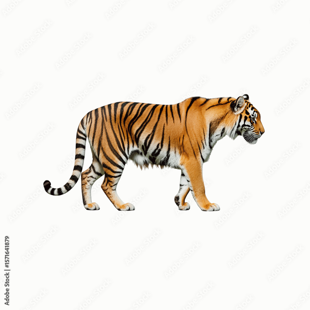 Fototapeta premium Tiger Walking: An awe-inspiring view of a majestic tiger, its striking orange and black stripes a symbol of strength and grace, gracefully strides in a portrait, captivating viewers.