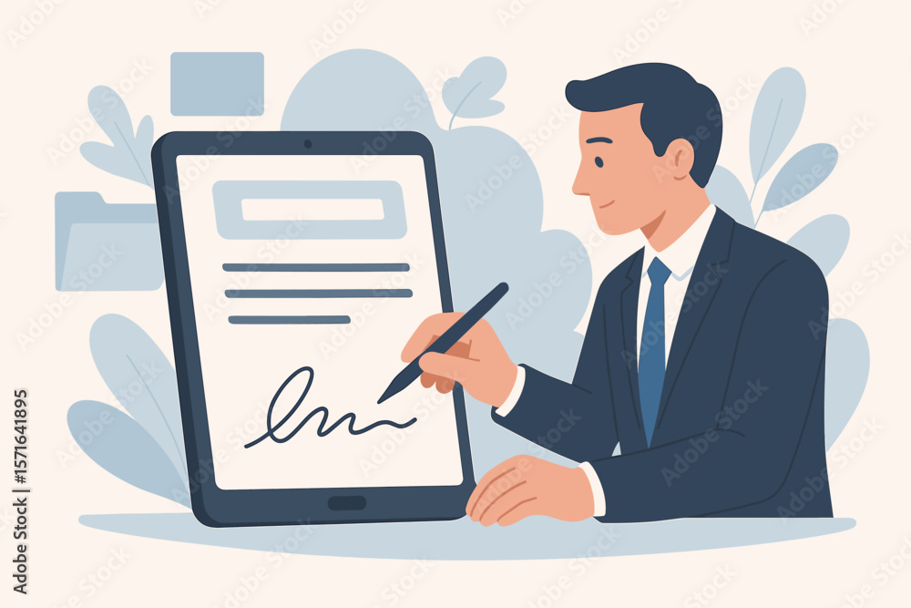 Businessman Signing Electronic Document on Tablet, E-Signature Concept, Digital Contract Approval, Paperless Document Management, Online Signature, Modern Business Technology Businessman Signing Electronic Document on Tablet, E-Signature Concept, Digital Contract Approval, Paperless Document Management, Online Signature, Modern Business Technology