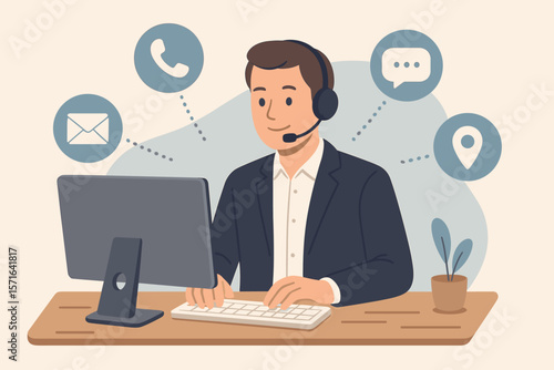 Contact us concept. Customer support operator, call center agent with headset at desk. Man providing help on hotline. Communication icons for email, phone, chat, address.