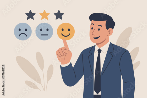 Customer satisfaction concept. Businessman giving a positive review and high rating. Client hand touching happy smiley face icon for excellent service and best experience survey.