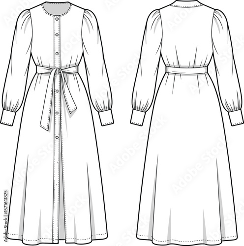 Classic Long Sleeve Midi Shirtdress CAD Drawing: A Must-Have Flat Vector Fashion Illustration for Apparel Design and Production.
