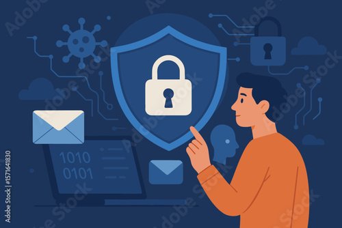 Cybersecurity and data protection concept. User activates network security shield for information privacy, encryption, and antivirus defense. Secure internet access system.